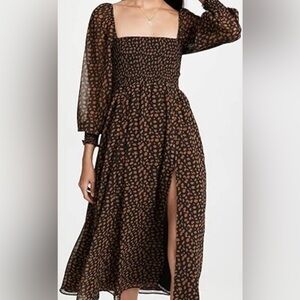 Smocked Square-Neck Midi Dress in Brown polka dots